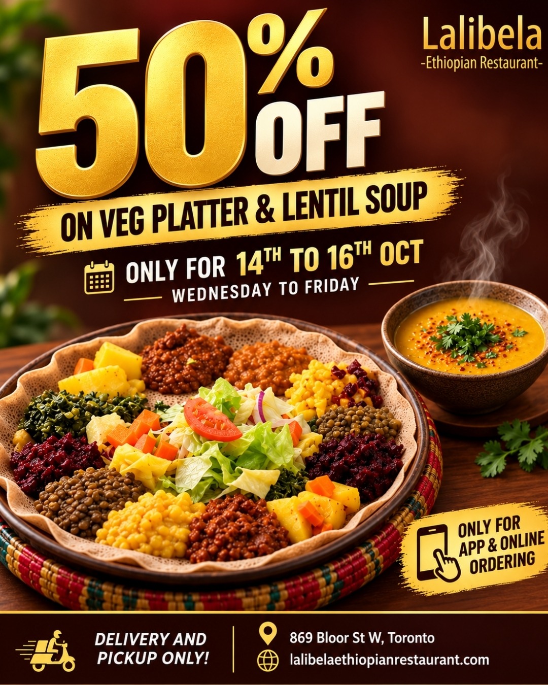 Lalibela Ethiopian Restaurant 50% Off Veg Platter and Lentil Soup